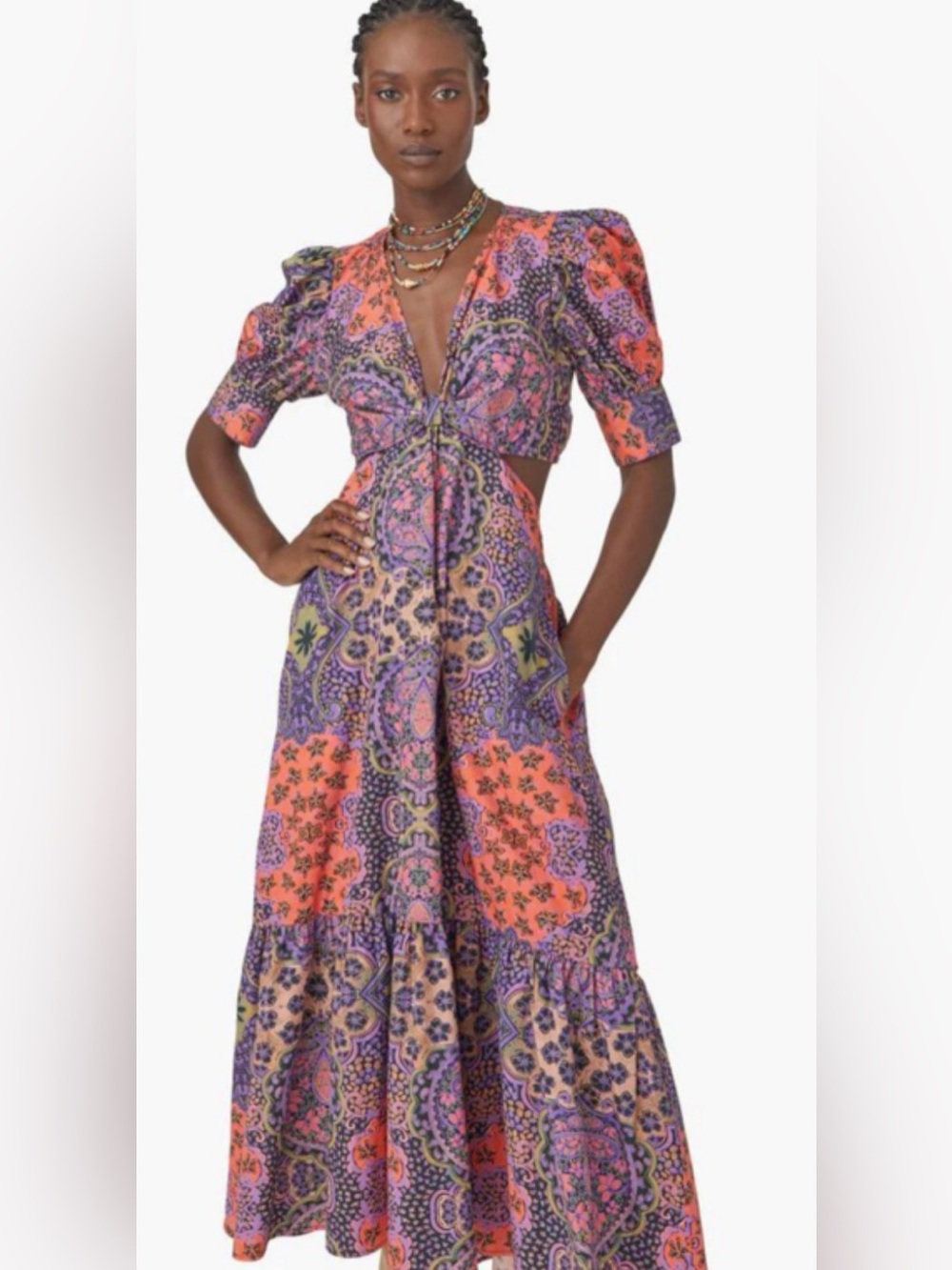 XiRENA Coral and Purple Paisley Tie-Front Maxi Dress